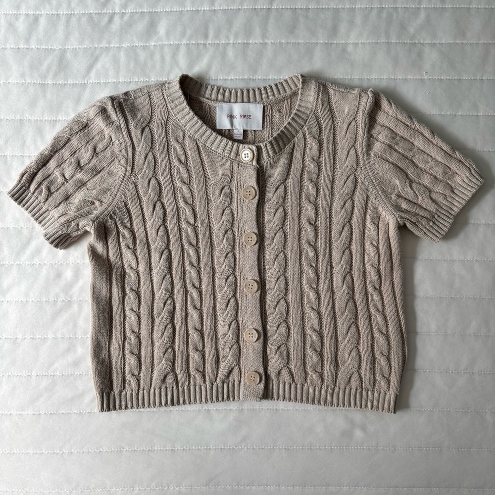 Pink Rose Beige Short Sleeve Cardigan Top